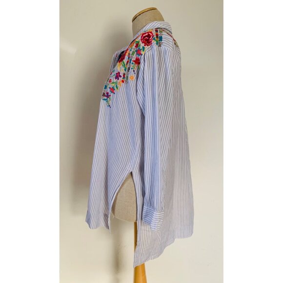 Johnny Was Small Cotton Striped WITH EMBROIDERED FLOWERS Tunic Tops - Picture 5 of 11